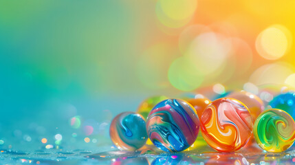 Colorful glass marbles on a colorful background with bokeh effect and copy space, for a banner design. Product shot