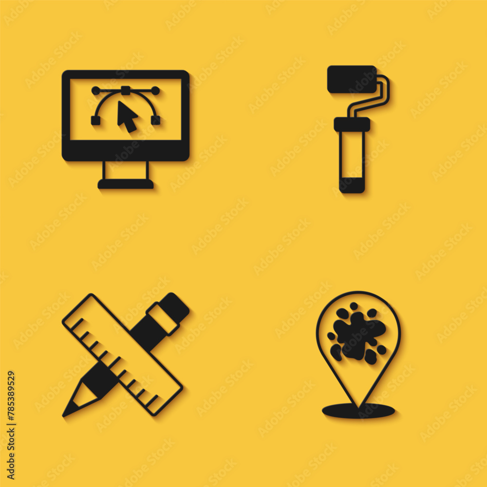 Sticker Set Computer with design program, Paint spray, Crossed ruler and pencil and roller brush icon with long shadow. Vector