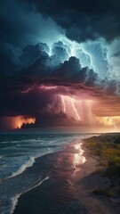 Hurricane clouds and lightning against the horizon