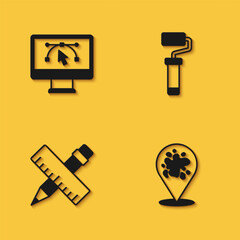 Set Computer with design program, Paint spray, Crossed ruler and pencil and roller brush icon with long shadow. Vector