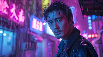 Atmospheric Neo-Noir Scene Featuring a Young Asian Detective in Moody Pink and Blue Neon Lighting, Roaming Rain-Drenched Streets with a Mysterious Vibe.