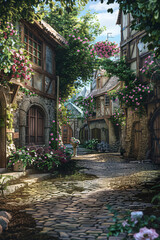 Charming Village Street: Cobblestone Paths and Flower-Filled Window Boxes