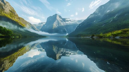 Mountain Lake Reflection: A stunning summer panorama of Lake Louise in Banff National Park, surrounded by majestic mountains, reflecting the clear blue sky and lush green forests
