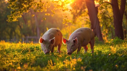 two pigs peacefully grazing in a lush green grass field bathed in the warm hues of sunset, evoking a sense of tranquility and rural charm.