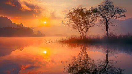 Quiet sunrise and sunset over lake and river, reflecting sky, clouds, and trees in tranquil natural landscape