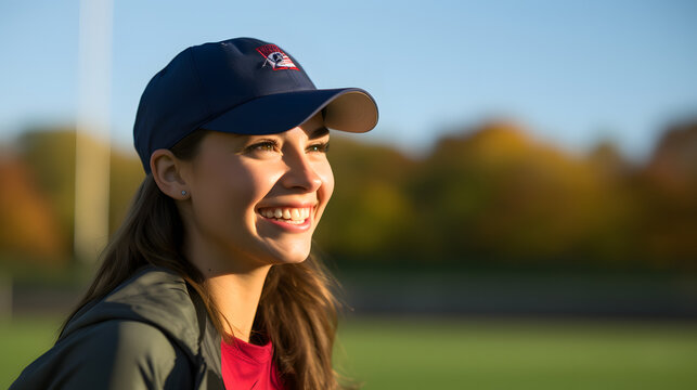 beautiful teenage girl model in a baseball stadium wearing red bomber jacket, hipster rounded glasses and blue cap
