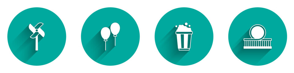 Set Pinwheel toy, Balloons with ribbon, Popcorn cardboard box and Roller coaster icon with long shadow. Vector