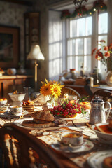 Fototapeta na wymiar Cozy Bed and Breakfast: Charming Dining Area and Breakfast Spread