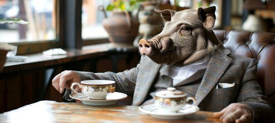 Pig in suit dining at table   whimsical portrait of a pig in a business outfit enjoying a meal