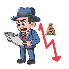 Loss of investment, gain, decrease in profit or salary, recession business loss, businessman falls from the heights of the gold heap to the lowlands
