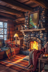 Fototapeta na wymiar Cozy Cabin: Log Furniture and Stone Fireplace