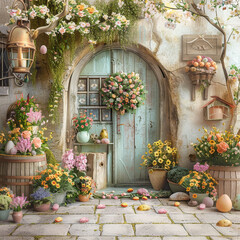 Vintage Easter Gateway Backdrop featuring a cobblestone floor and an old-fashioned door, adorned with spring flowers and festive Easter decor.