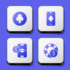 Set Playing card with clubs symbol, Online poker table game, Football betting money and Casino chips icon. White square button. Vector