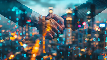 Double exposure of business handshake of successful business people