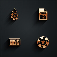 Set Casino chips, Lottery ticket, Slot machine with jackpot and icon with long shadow. Vector