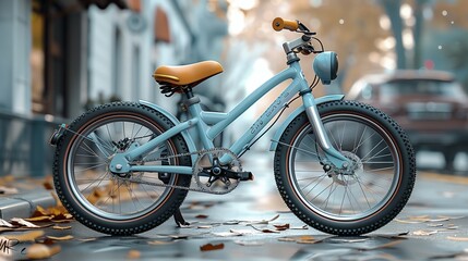 A blue bicycle with a tire and wheel is parked on the roadside - obrazy, fototapety, plakaty
