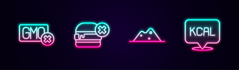 Set line No GMO, burger, Salt and Kcal. Glowing neon icon. Vector