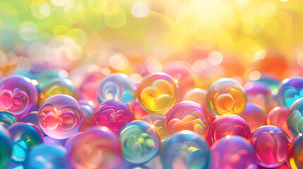 Colorful marbles on sparkling background with rainbow light effects. Closeup. Web banner with empty space for text. Product shot.