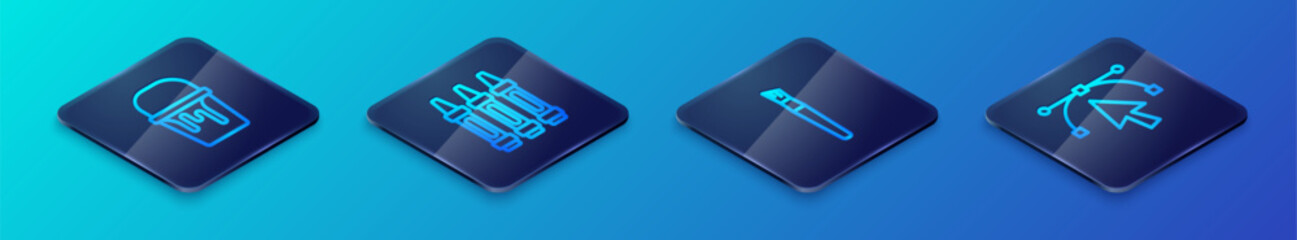 Set Isometric line Paint brush, bucket, Bezier curve and Wax crayons for drawing icon. Vector