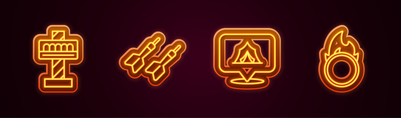 Set line Attraction carousel, Dart arrow, Circus tent and fire hoop. Glowing neon icon. Vector