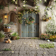 Vintage Easter Gateway Backdrop featuring a cobblestone floor and an old-fashioned door, adorned with spring flowers and festive Easter decor.