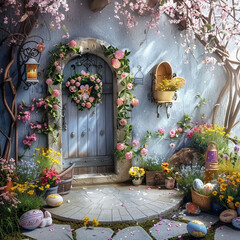 Vintage Easter Gateway Backdrop featuring a cobblestone floor and an old-fashioned door, adorned with spring flowers and festive Easter decor.