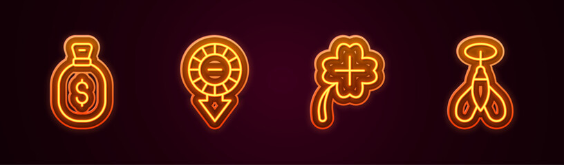Set line Money bag, Casino chips, slot machine with clover and Dart arrow. Glowing neon icon. Vector