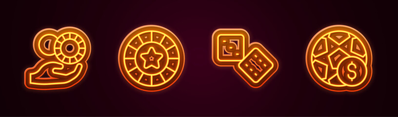 Set line Hand holding casino chips, Casino, Game dice and Football betting money. Glowing neon icon. Vector