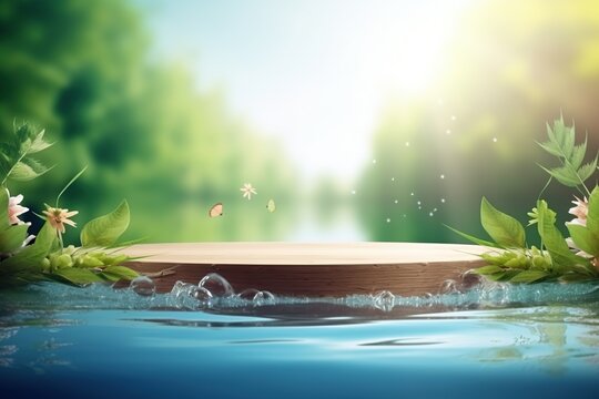 Circular platform, round podium for product display in pond with calm and clear blue water. Showcase in outdoor spring nature background with copy space.
