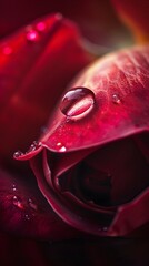 Glistening Waterdrop on Vibrant Red Rose Petal in Natural Light