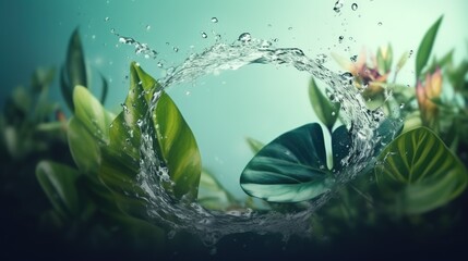Beautiful minimal background with round water splash and exotic tropical leaves. Circular copy space in the middle.