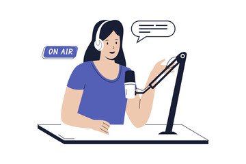 Fototapeta premium Women talking and recording audio podcasts or online shows. Illustrations for websites, landing pages, mobile applications, posters and banners.
