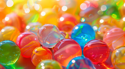  Close up of colorful glass marbles, shiny and translucent on vibrant background.  Web banner with empty space for text. Product shot.