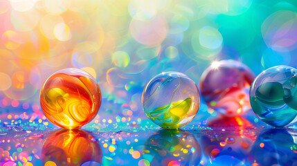 Closeup of colorful marbles in a row on sparkling background with rainbow light effects. Web banner with empty space for text. Product shot.