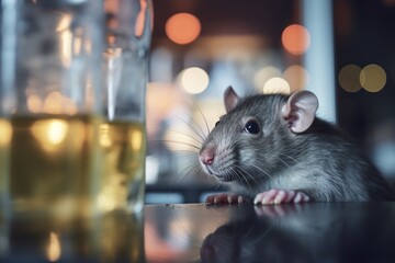 Drinking mouse with a glass of beer.