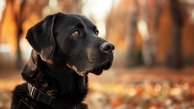 Borador, a black carnivorous dog, sitting in the woods, gazing at the camera