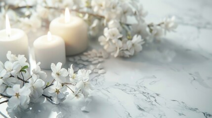 Obraz na płótnie Canvas White candles and flowers on table