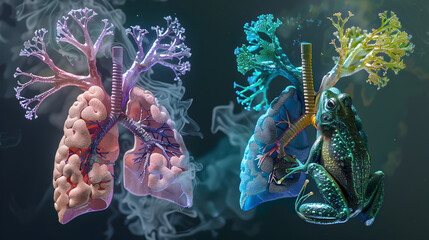 3 D Model of human and frog lungs, bronchioles, bronchus, alveoli, respiratory system, damaged lung, smoke impair lungs of human and frog
 - obrazy, fototapety, plakaty