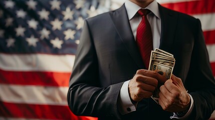 Businessman holding money in front of american flag - obrazy, fototapety, plakaty