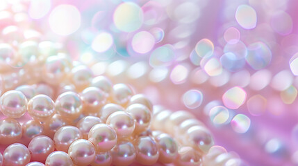  Closeup of delicate pearls scattered across the surface, shimmering under soft purple light, creating an enchantment with their iridescent sheen and intricate patterns.