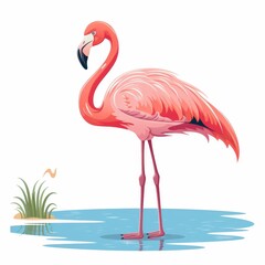 A pink flamingo stands in a body of water