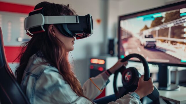 Woman driving a car with virtual reality headset on