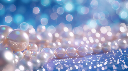 Closeup of pearls against an enchanting blue background, creating a dreamy and luxurious atmosphere with bokeh effects. Abstract banner design for cosmetic products, beauty and jewelry industry