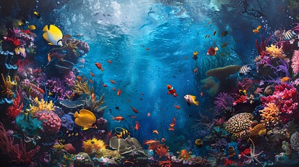 Coral reef teeming with colorful fish underwater in a vibrant marine ecosystem - obrazy, fototapety, plakaty