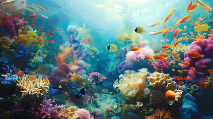 Colorful coral reef teeming with marine life in the deep blue sea, featuring vibrant fishes swimming amidst the underwater ecosystem