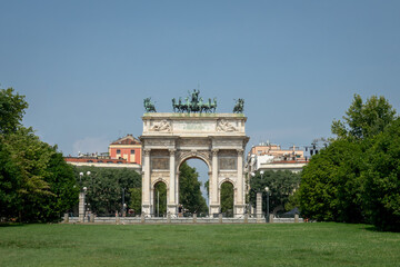 Arch of Peace in Sempione Park, Milan. Porta Sempione in Milan, Italy - 785393310