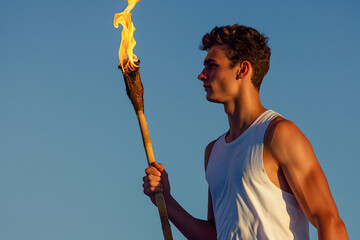 Silhouette of athlete with torch marks start of global sports event at dawn, torch keeper, Man with torch