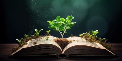Green Plant Sprouting from Pages of Book. Concept of Knowledge and Growth with Plant in Book. Generative AI