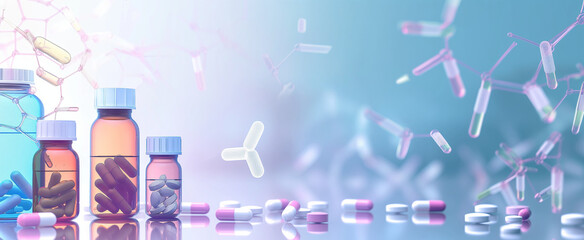Different bills and bottles for pharmaceutical and healthcare medication and drug research labs concepts with copy space area concepts as wide banner with copysapce area banner digital concept