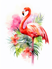 A watercolor painting of a standing flamingo with beautiful tropical leaves and flowers in the background.
